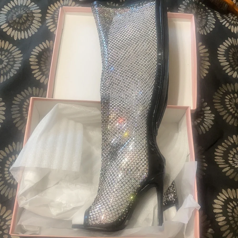 Fishnet Rhinestone Knee Boots - Picture 7 of 9